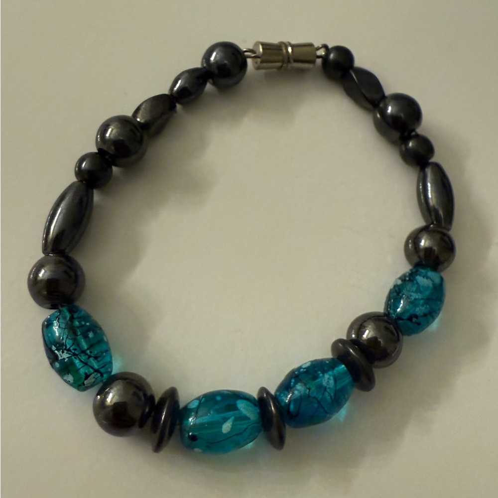 Handmade Hematite and Blue Crystal 8” Bracelet - Picture 4 of 8